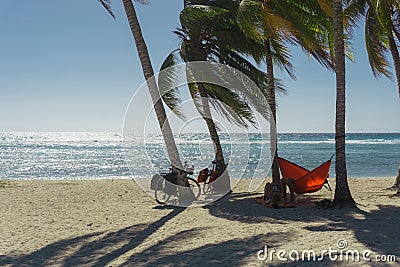 Playa giron, Cuba â€“ January 2, 2017: Travelers relaxing on hammocks with bikes on tropical beach in Cuba, travel concept Editorial Stock Photo